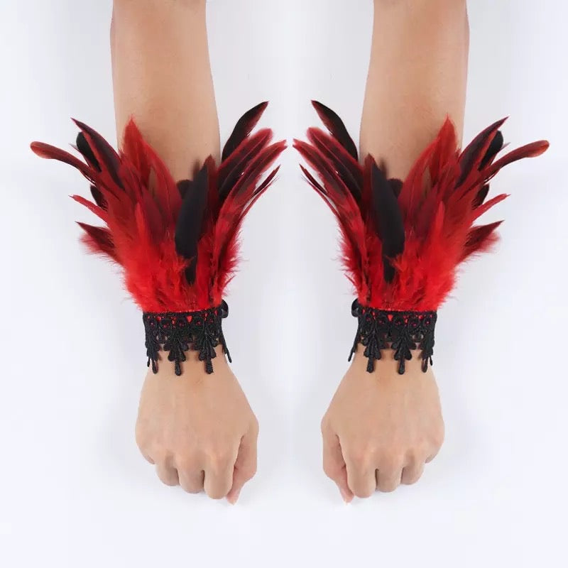 Gothic Victorian Cosplay Feather Wrist Cuffs - Red