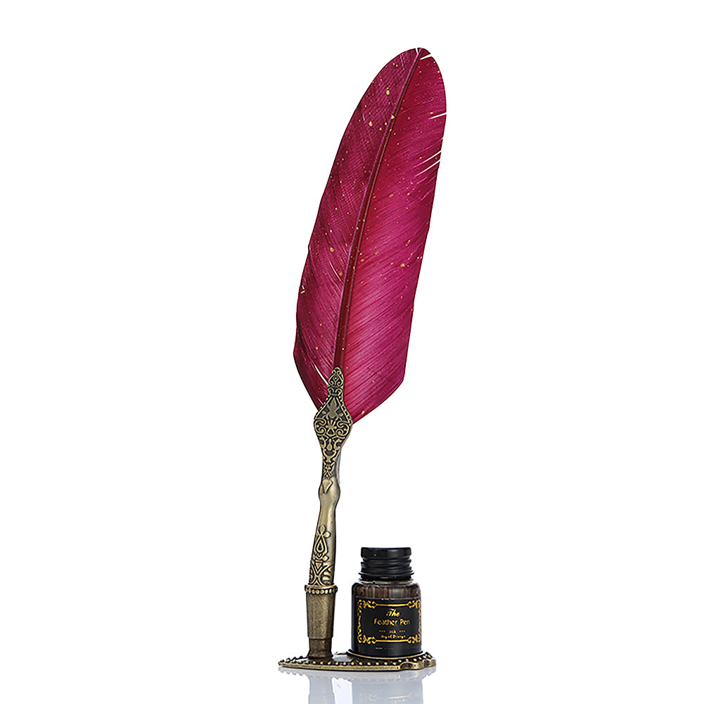 Deluxe Gift Boxed Retro Feather Calligraphy Dip Quill Pen Set - Burgundy with Gold Speckle Goose