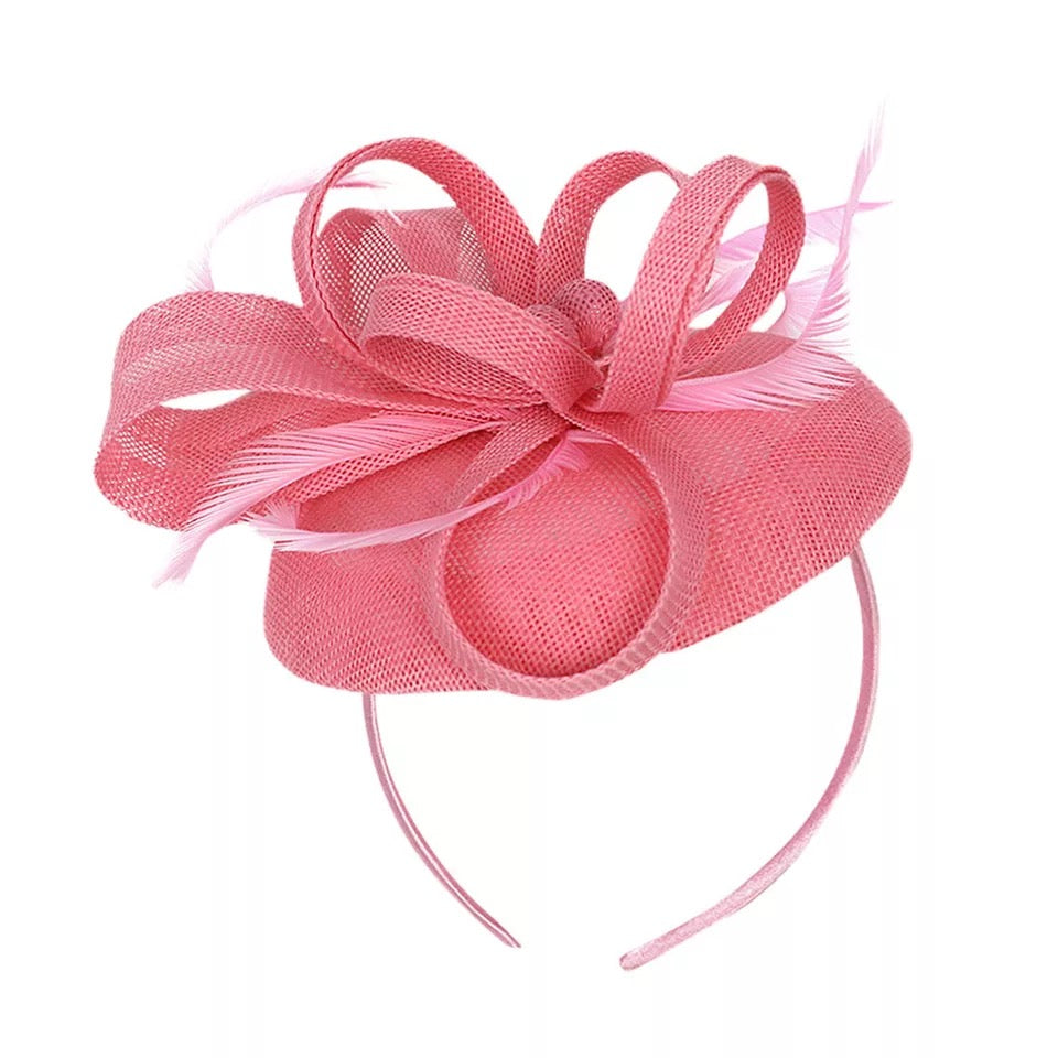 Round Button Feather Headband Fascinator - Candy Pink