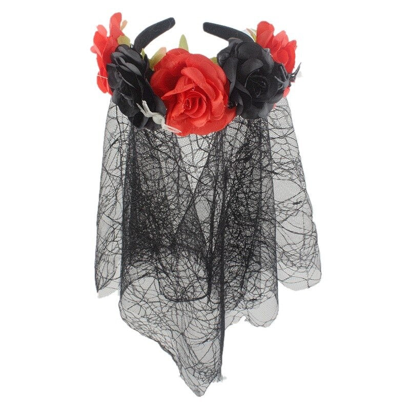 Halloween Day of the Dead Floral Flower Headband with Veil - Style 2