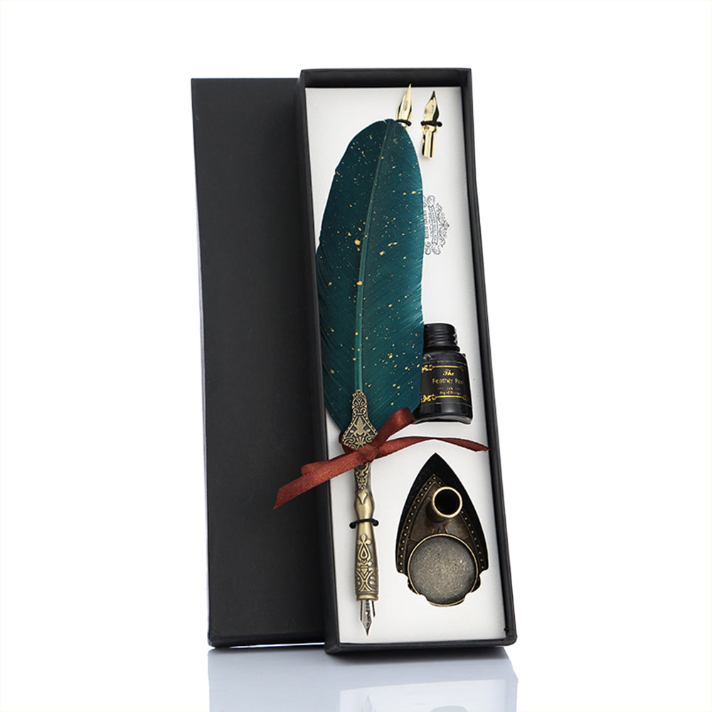 Deluxe Gift Boxed Retro Feather Calligraphy Dip Quill Pen Set - Green with Gold Speckle Goose