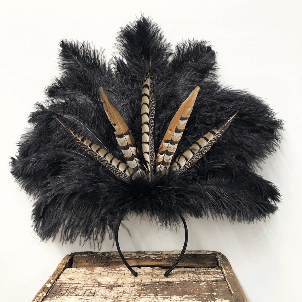 Natural Pheasant & Ostrich Blondine Feather Showgirl Costume Headdress - Black