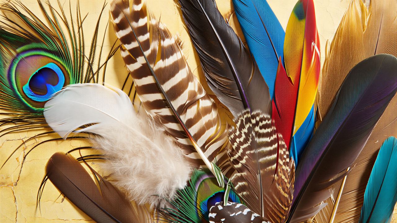 Colourful assortment of decorative feathers, including peacock, striped, white, black and vibrant blue, red and yellow feathers.