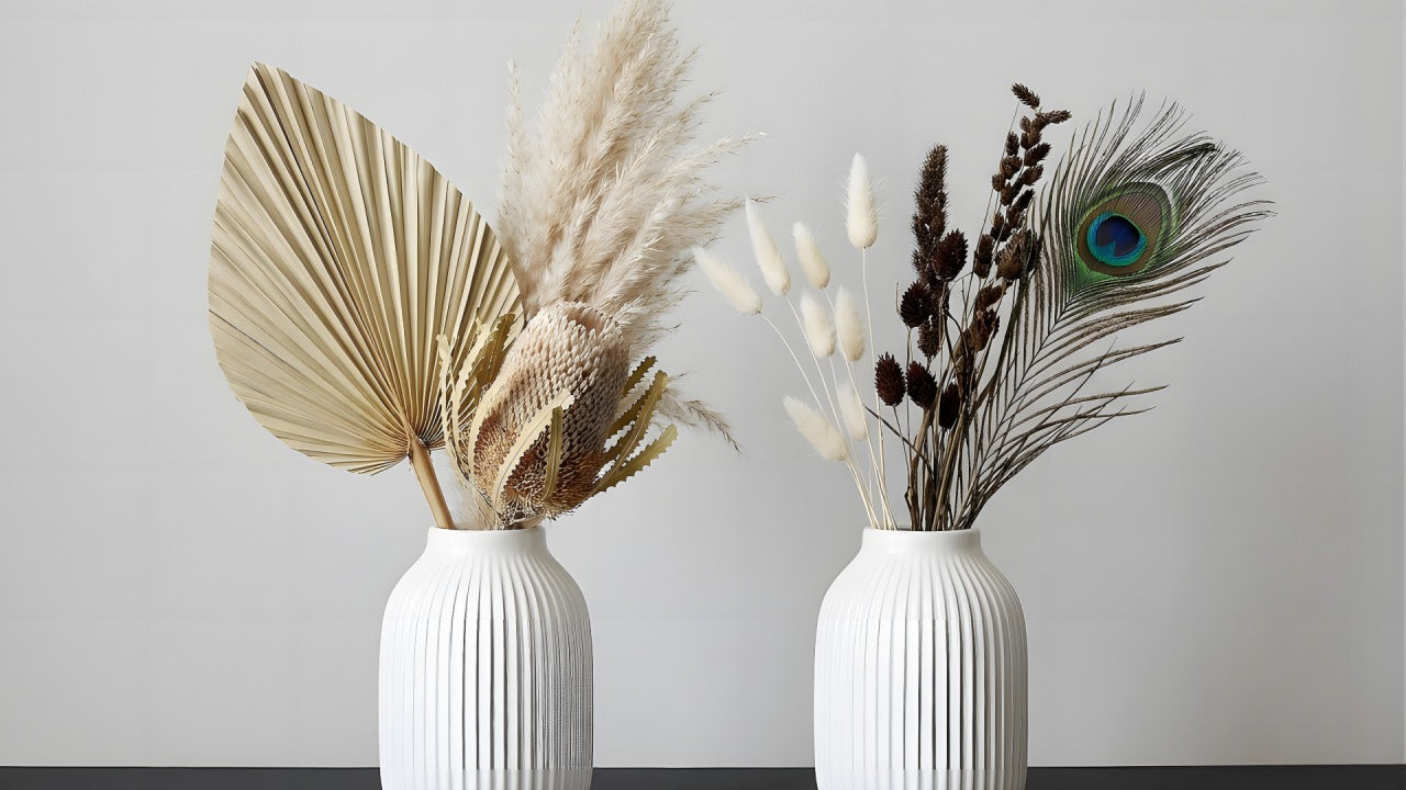 Two white ribbed ceramic vases side by side featuring a hybrid botanical arrangement of a dried palm fan, banksia, pampas grass, rabbit tails, dark seed pods, and an iridescent peacock feather.