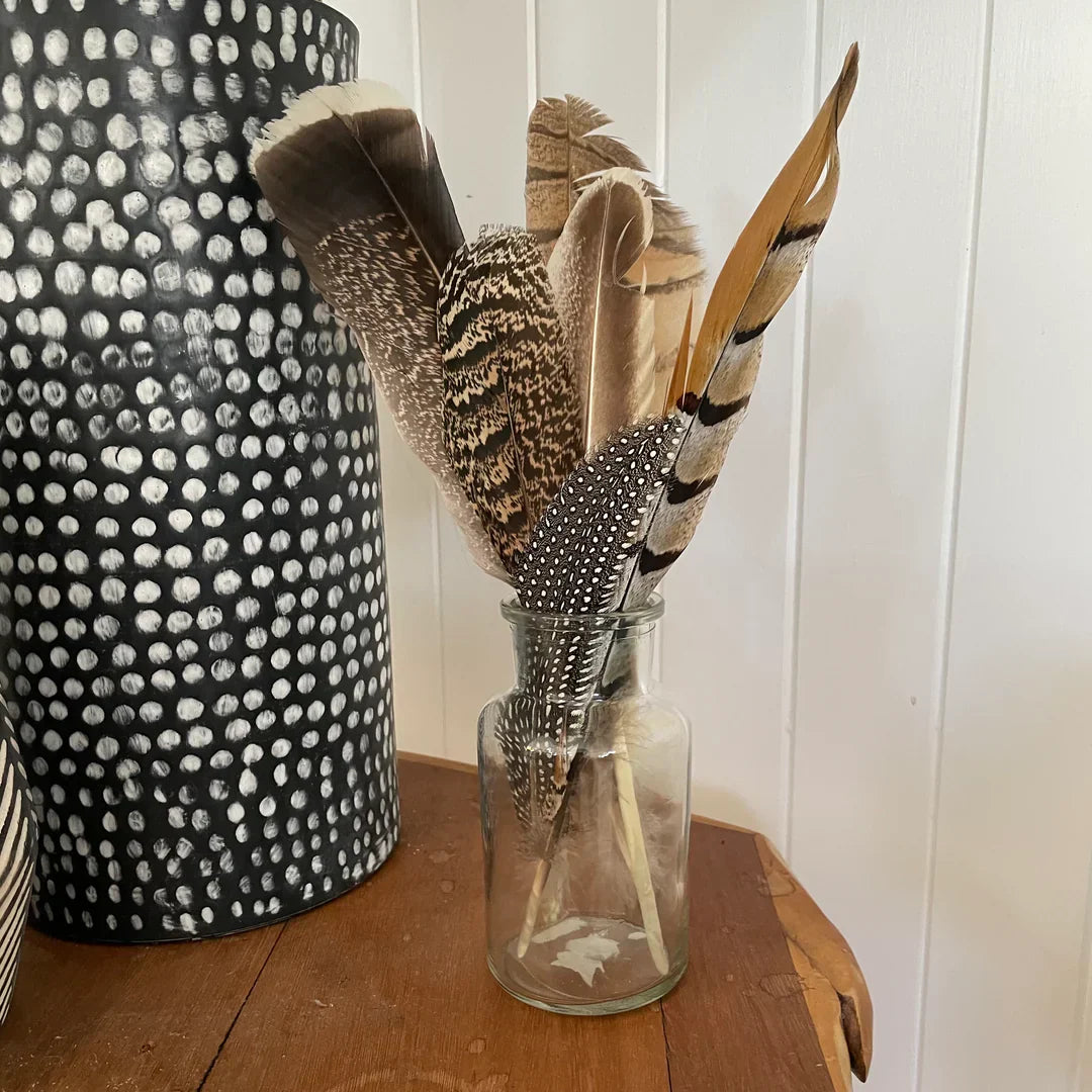 Boho-style milk bottle arrangement featuring a mix of natural feathers for home decor, perfect for rustic shelf styling or table accents.