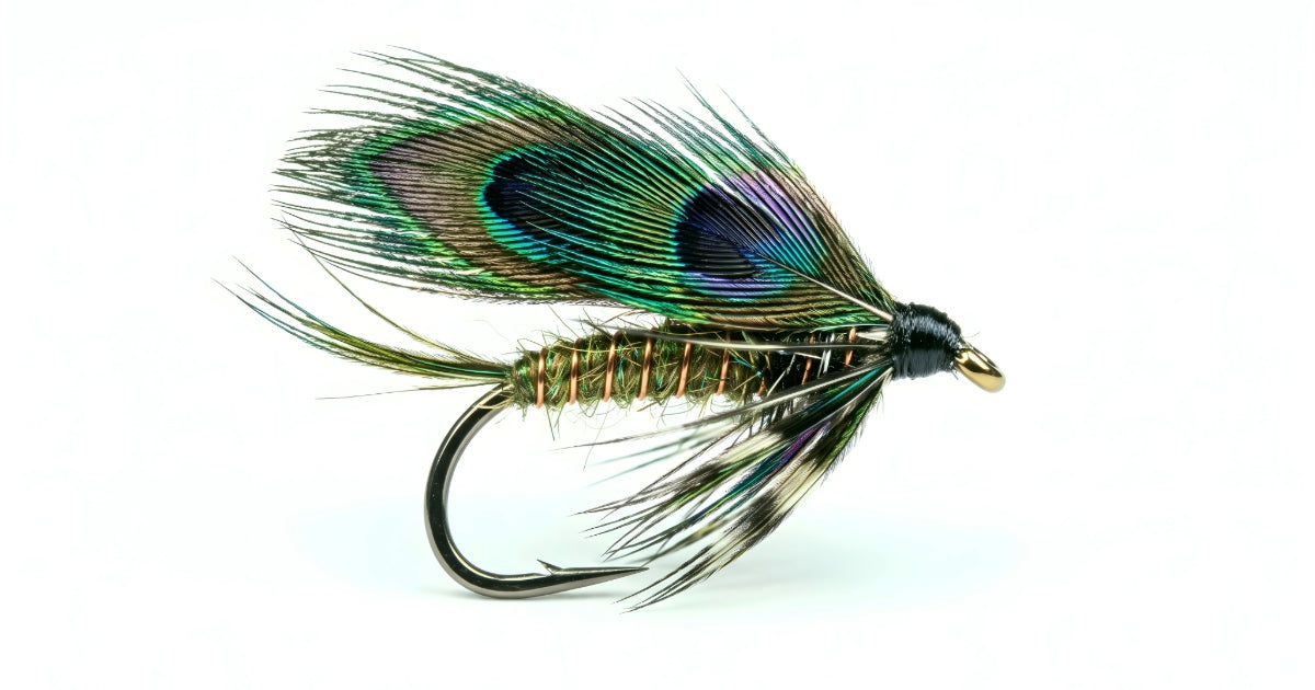 A wet fly tied on a hook featuring iridescent green and purple peacock feather wings, a gold wire ribbed body, and a soft hackle collar on a white background.