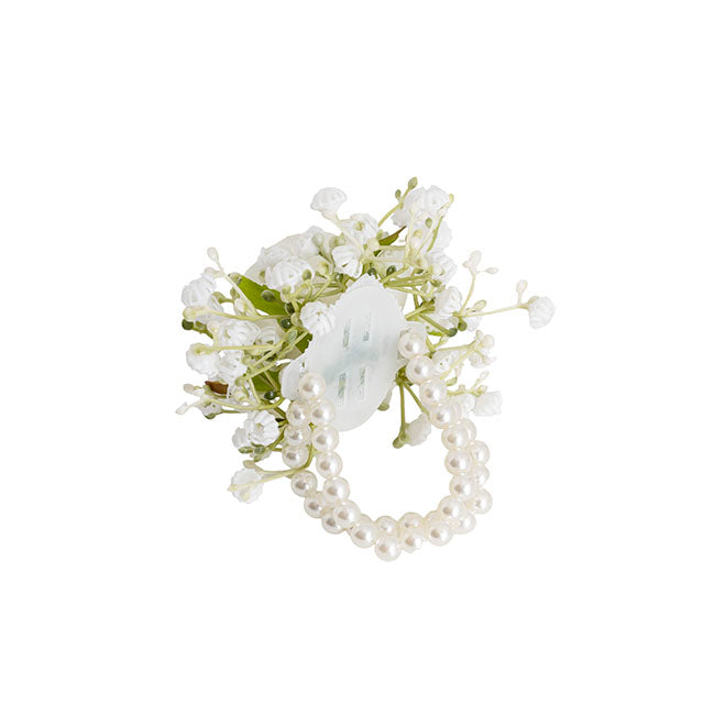 Rose & Baby's Breath Corsage with Pearl Wrist Bracelet - White