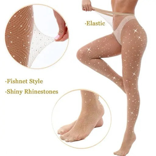 Great Gatsby 1920's Flapper Showgirl 80's Glitter Rhinestone Fishnet Pantyhose Stockings - Glitter Beige