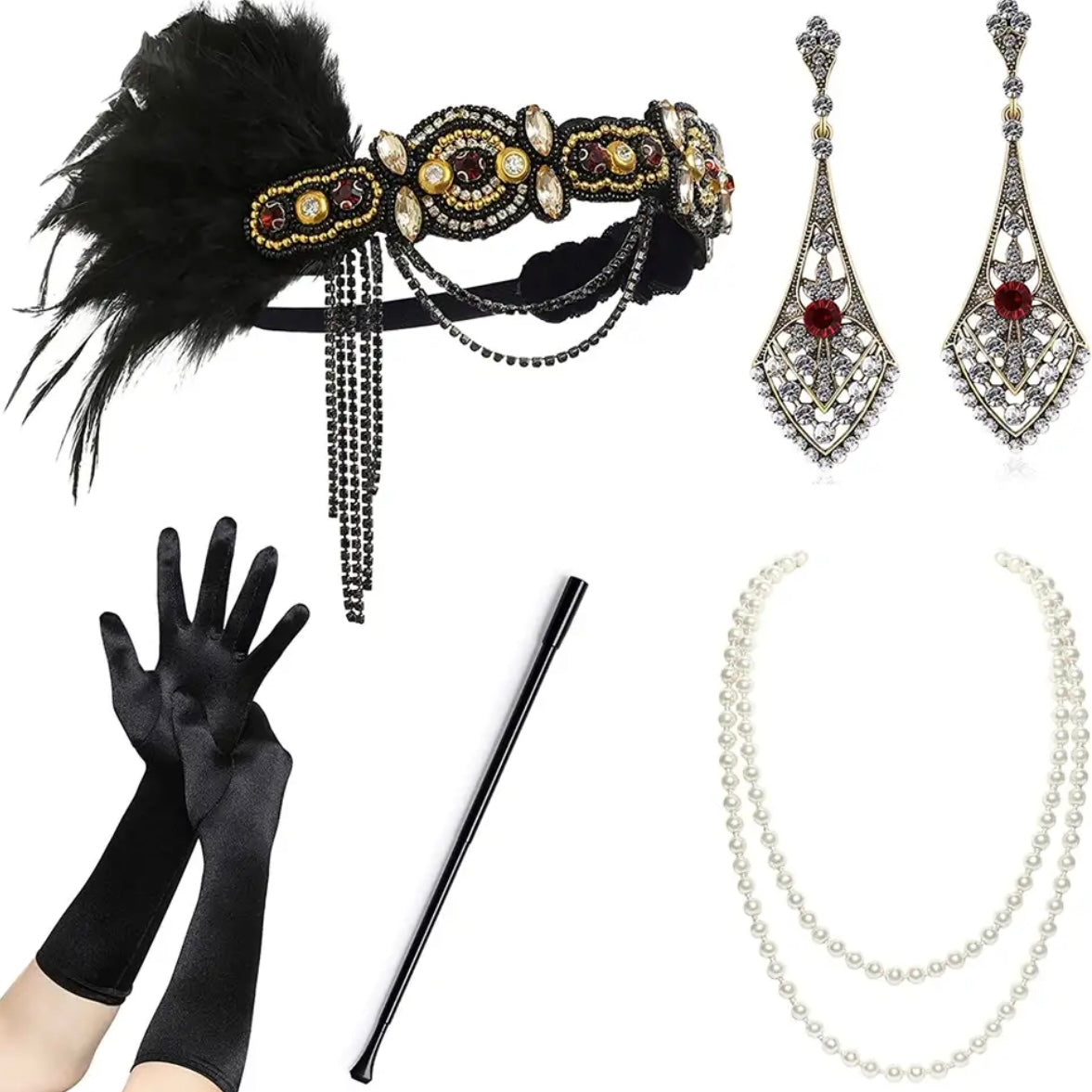 Great Gatsby 1920's Flapper Feather Costume Accessories 5pcs Set - Style 1