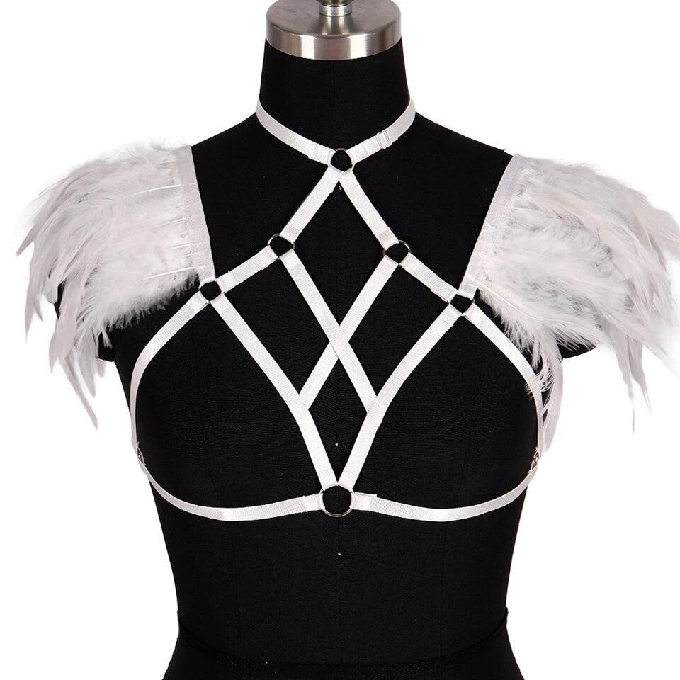 Victorian Cosplay Goth Feather Body Harness - White (Style 8)