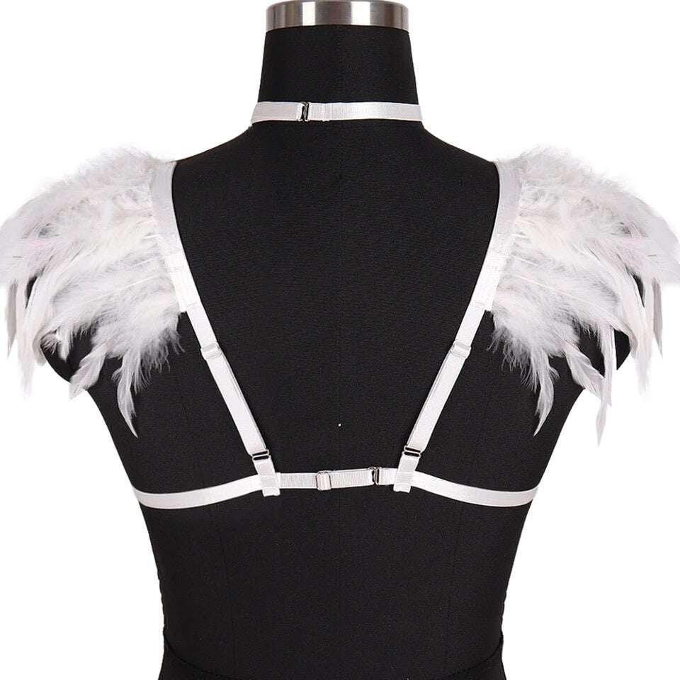 Victorian Cosplay Goth Feather Body Harness - White (Style 8)