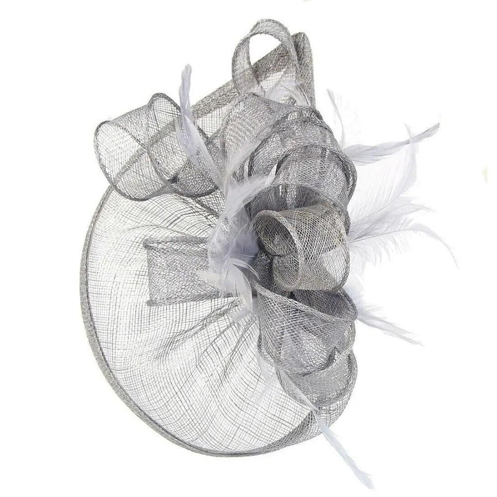 Sinamay Swirl and Feather Headband Fascinator - Grey