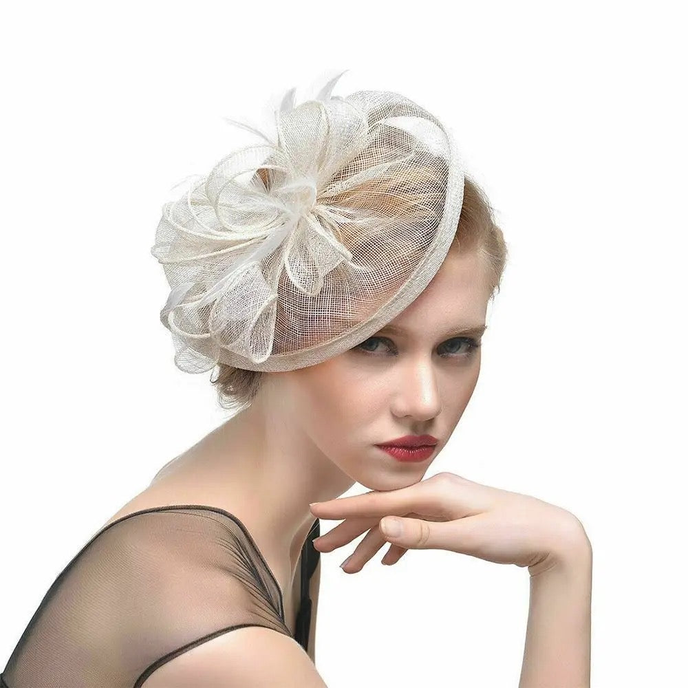 Sinamay Swirl and Feather Headband Fascinator - Grey