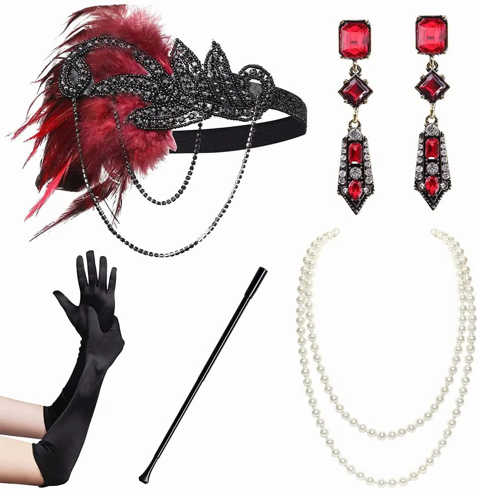 Great Gatsby 1920's Flapper Feather Costume Accessories 5pcs Set - Style 2