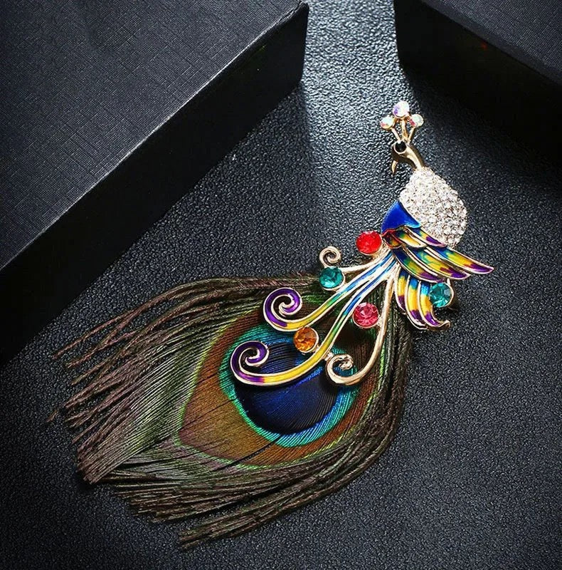 Rhinestone Art Deco Peacock Feather Brooch - Style 3