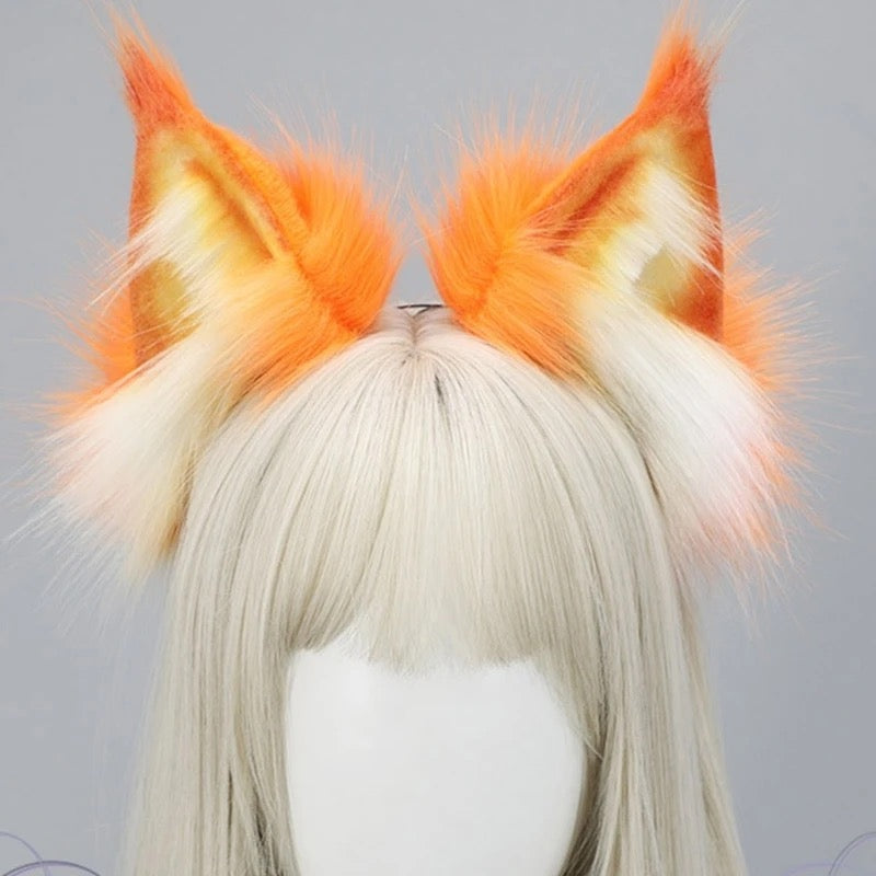 Deluxe Faux Plush Fur Animal Ears Headband - Orange White Lynx