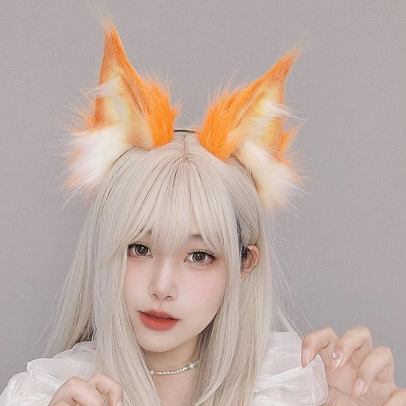 Deluxe Faux Plush Fur Animal Ears Headband - Orange White Lynx