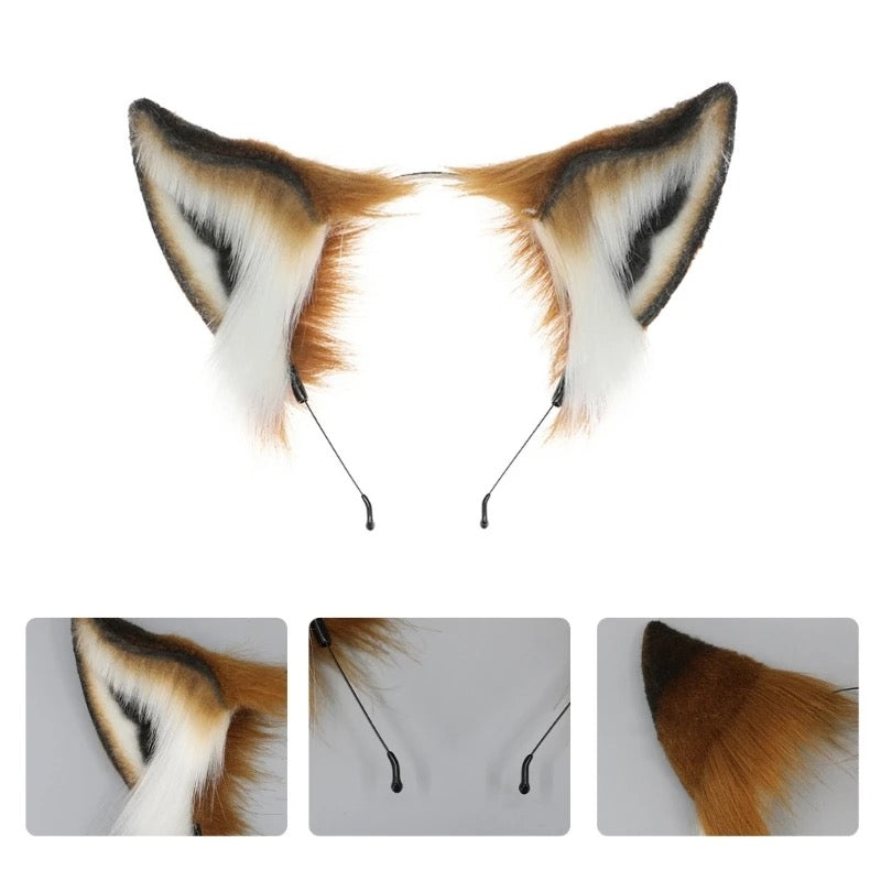 Deluxe Faux Plush Fur Animal Ears Headband - Brown White Fox