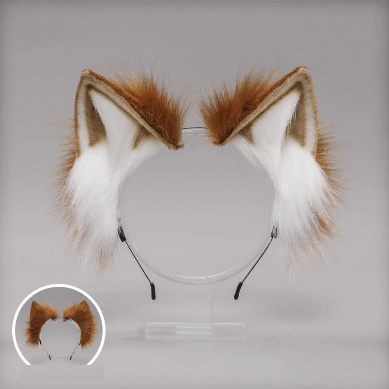 Deluxe Faux Plush Fur Animal Ears Headband - Brown White Cat