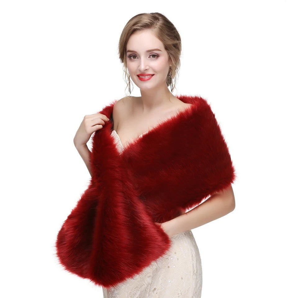 Great Gatsby 1920's Bridal Wedding Faux Fur Shawl Wrap - Burgundy