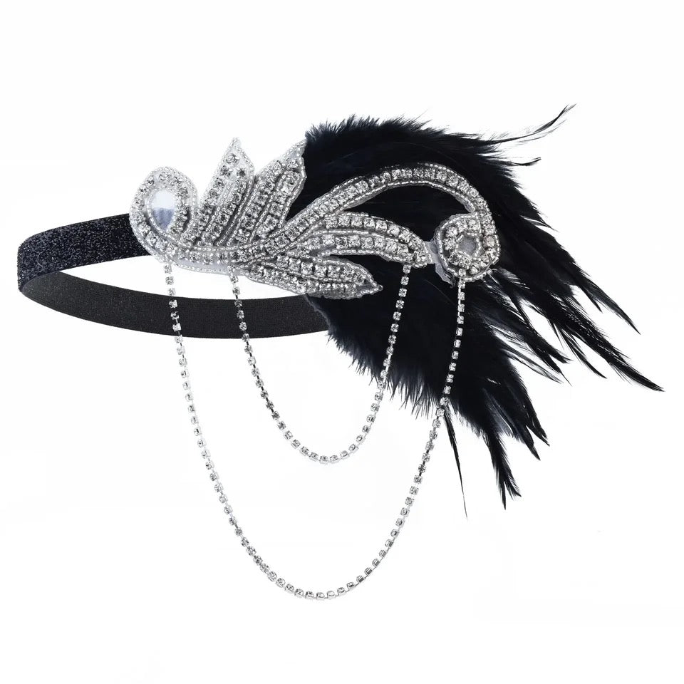 Great Gatsby 1920's Flapper Feather Headdress Fancy Dress - Silver and Black (Style 18)