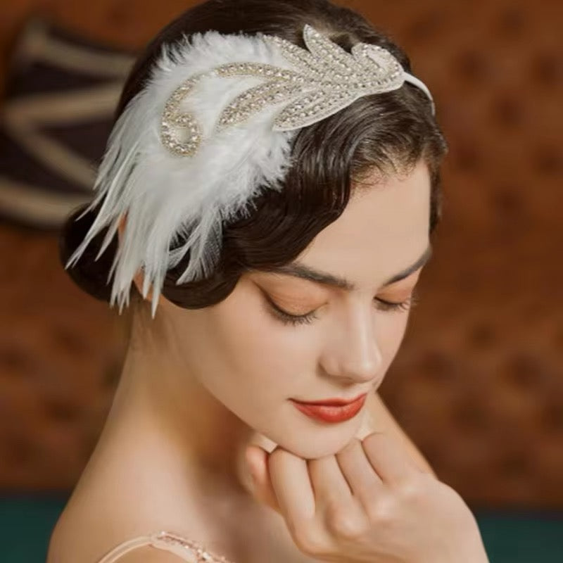 Great Gatsby 1920's Flapper Feather Headdress Fancy Dress Headband - White(Style 35)