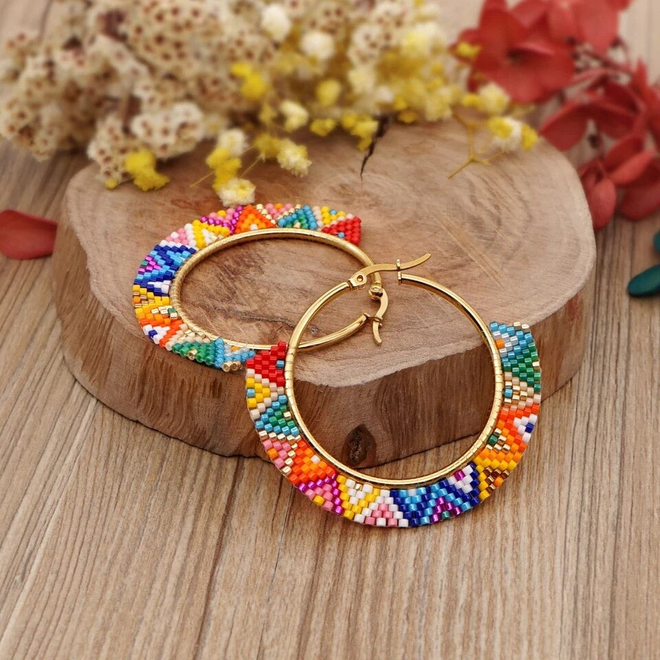 Beaded Boho Frida Hoop Earrings - Rainbow (Style 31)