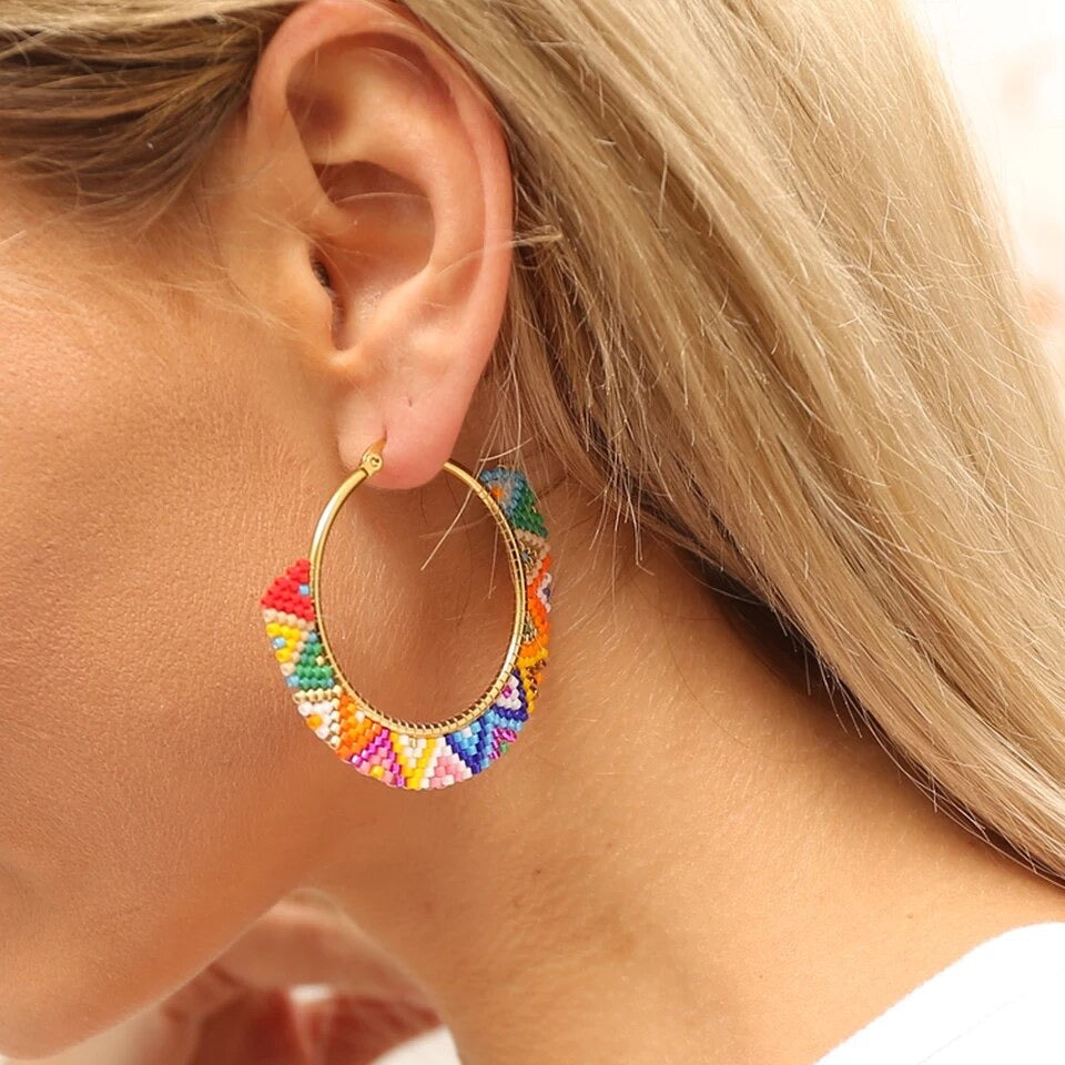 Beaded Boho Frida Hoop Earrings - Rainbow (Style 31)