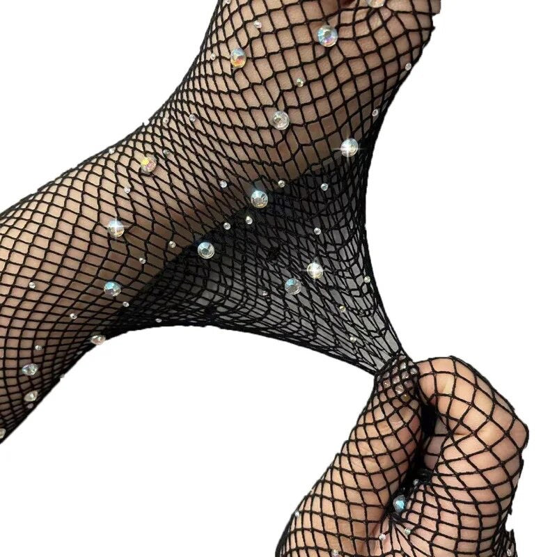 Sexy Cosplay Fishnet Rhinestone Long Gloves - Black