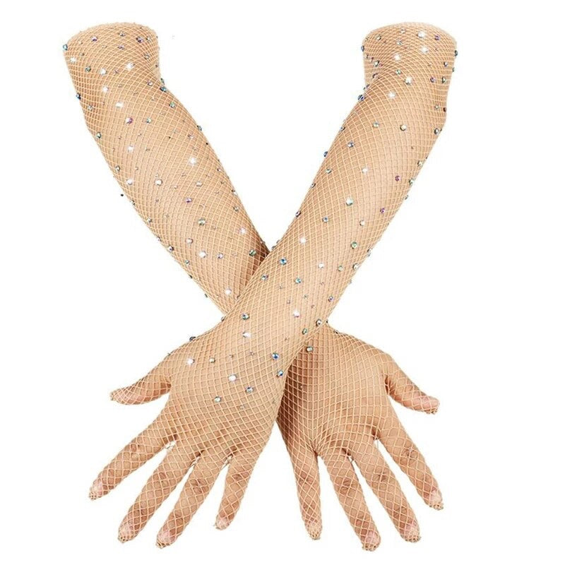 Sexy Cosplay Fishnet Rhinestone Long Gloves - Nude
