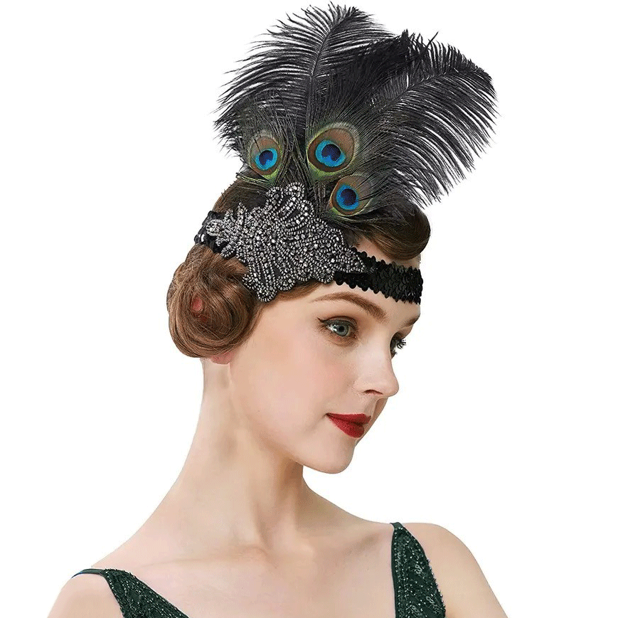 Great Gatsby 1920's Flapper Feather Headdress Fancy Dress - Black (Style 11)