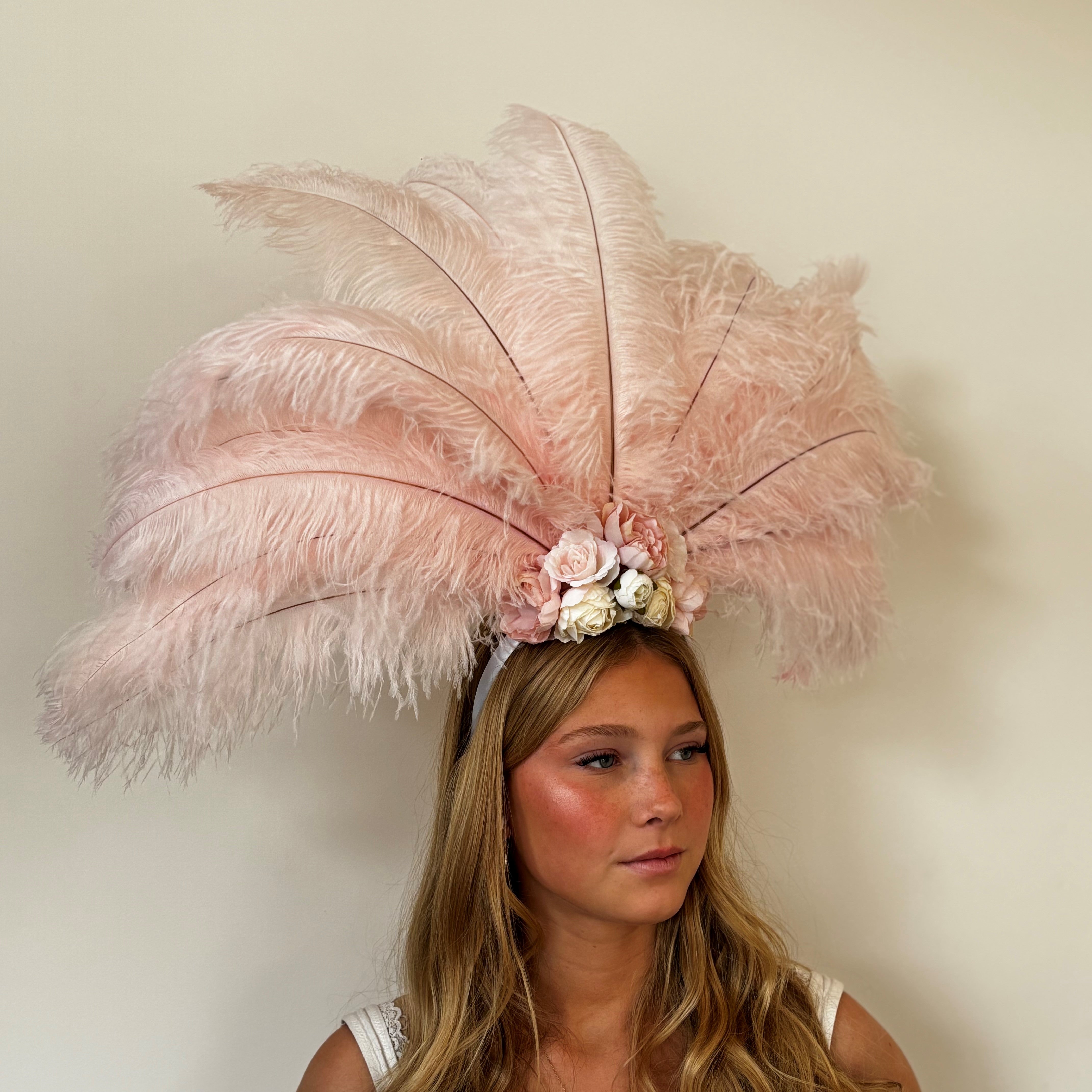 Ostrich Feather Blondine Showgirl Costume Headdress - Pink Floral