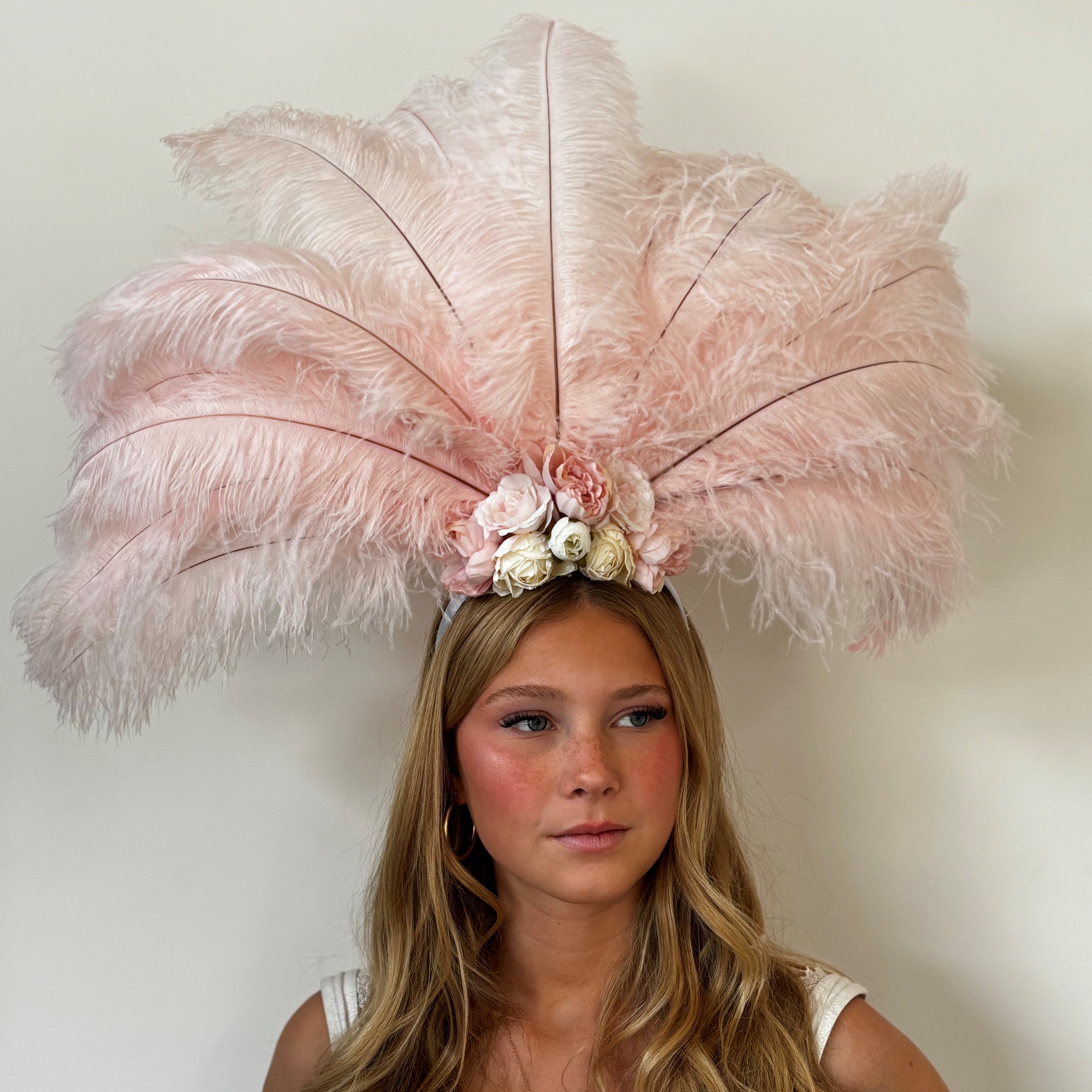 Ostrich Feather Blondine Showgirl Costume Headdress - Pink Floral