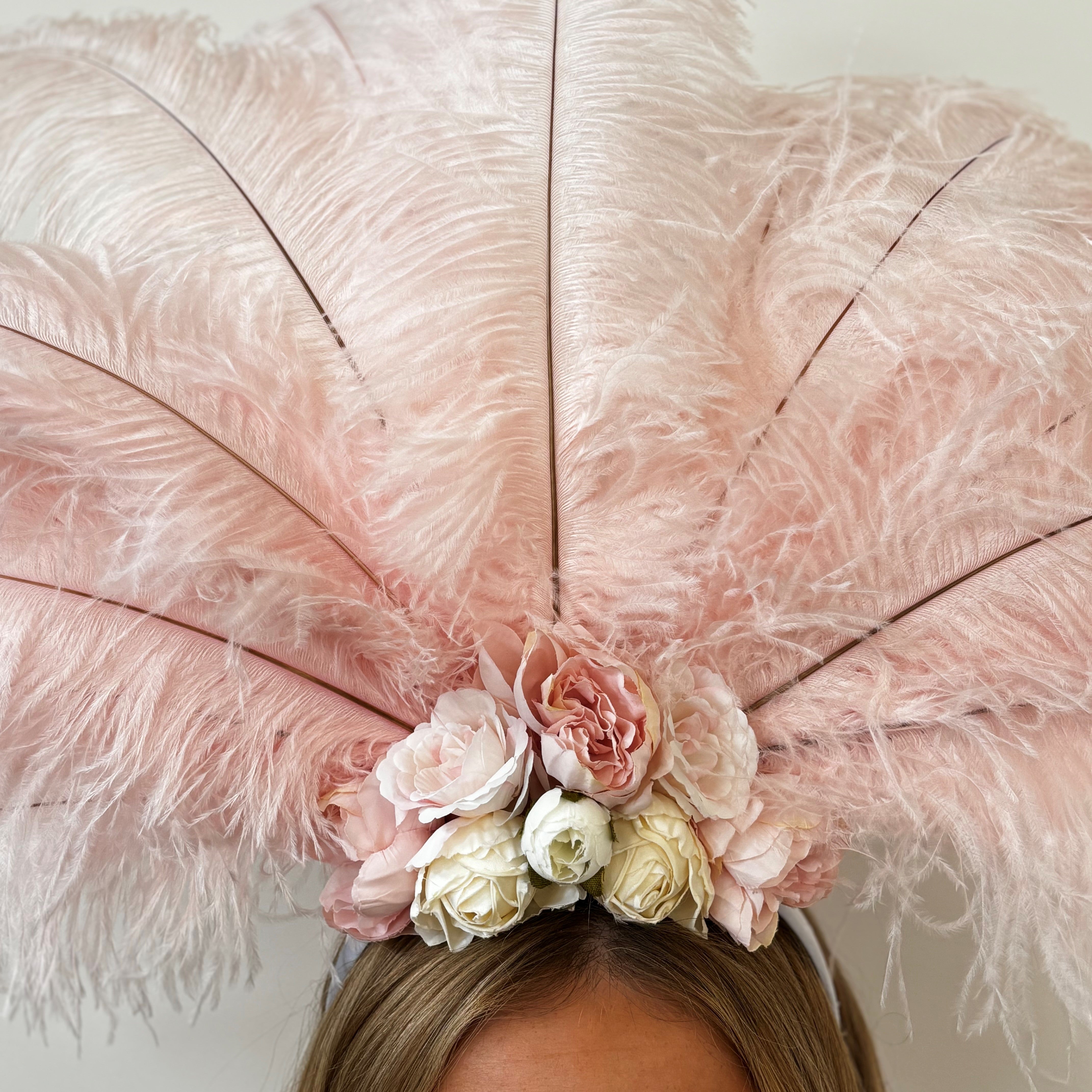 Ostrich Feather Blondine Showgirl Costume Headdress - Pink Floral