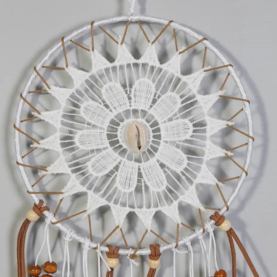 White Brown Lace Dreamcatcher with Shells and Feathers - Style 3