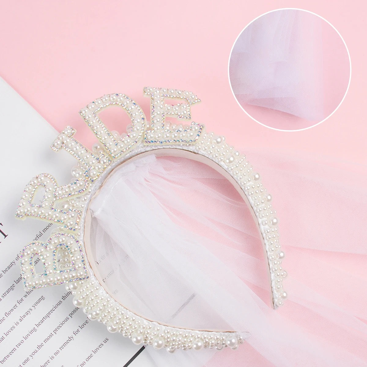 Bride to Be Bach Bachelorette Pearl Crown Headband with Veil