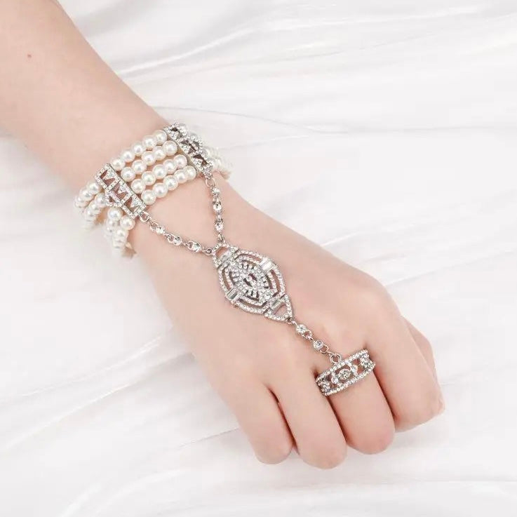 Great Gatsby 1920's Flapper Faux Pearl Bracelet - Silver (Style 3)