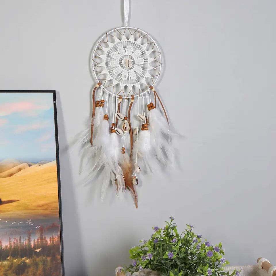 White Brown Lace Dreamcatcher with Shells and Feathers - Style 3