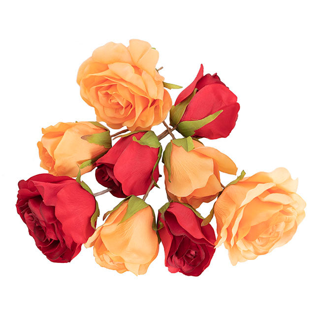 Artificial Silk Rose Heads Loose Pack 9 Mixed Red & Peach