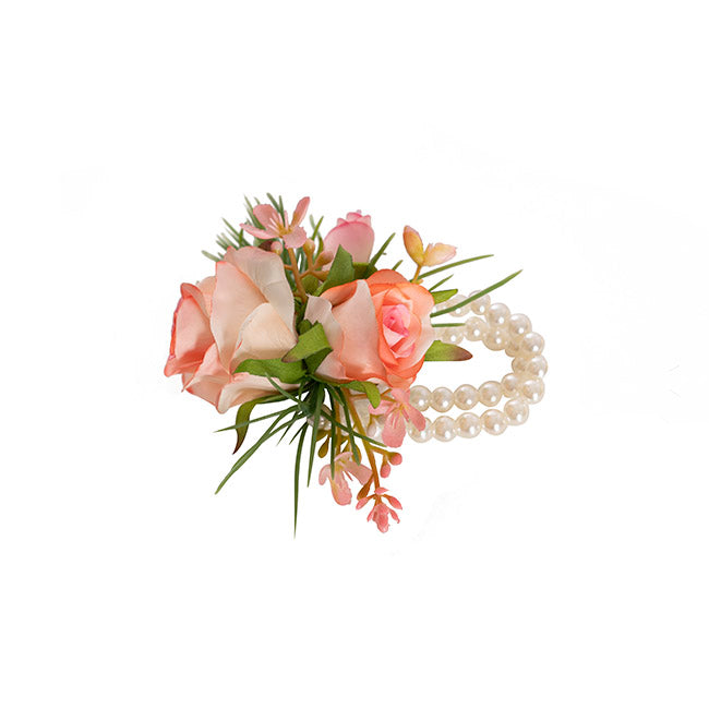 Rose Corsage with Pearl Wrist Bracelet - Pink