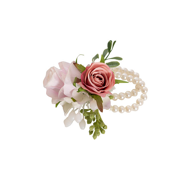 Rose & Hydrangea Corsage with Pearl Wrist Bracelet - Lilac
