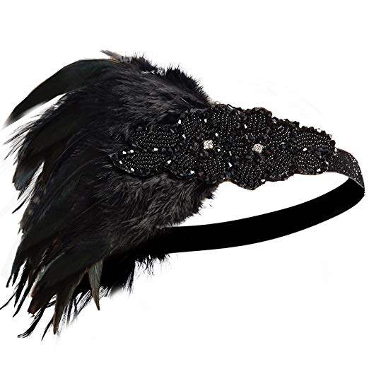 Great Gatsby 1920's Flapper Feather Headdress Fancy Dress - Black (Style 7)