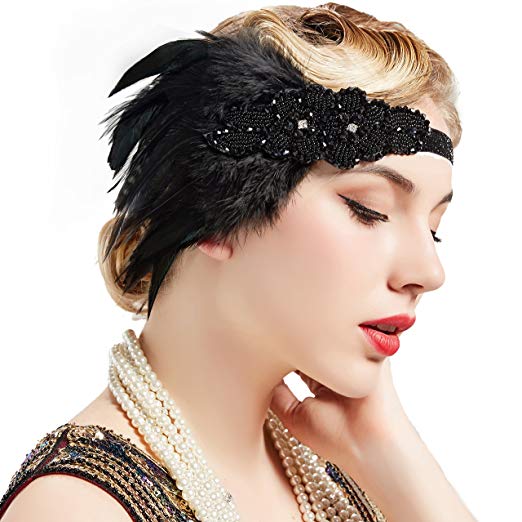Great Gatsby 1920's Flapper Feather Headdress Fancy Dress - Black (Style 7)