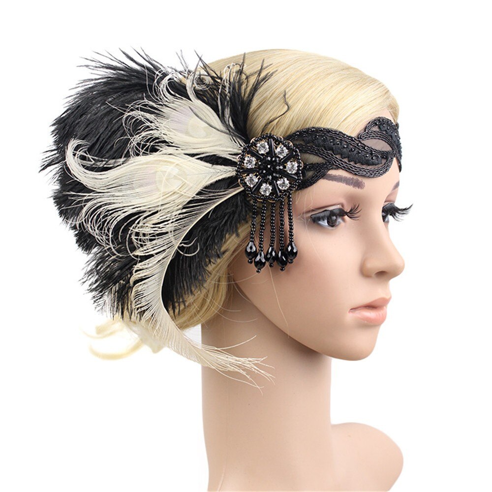 Great Gatsby 1920's Flapper Feather Headdress Fancy Dress - Ivory Peacock (Style 9)