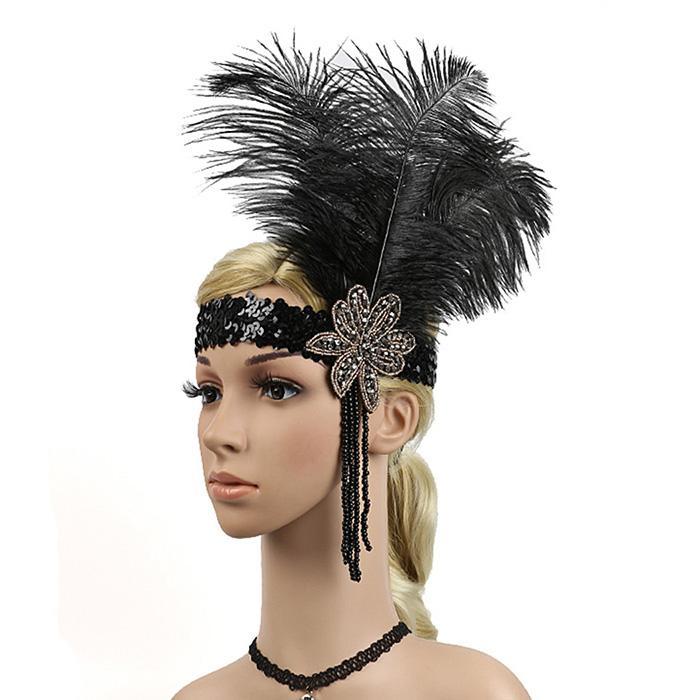 Great Gatsby 1920's Flapper Feather Headdress Fancy Dress - Black (Style 6)