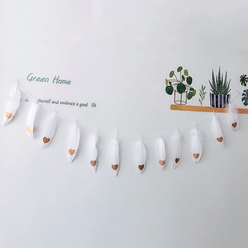Feather Garland Wall Hanging Bunting - White Feather / Heart