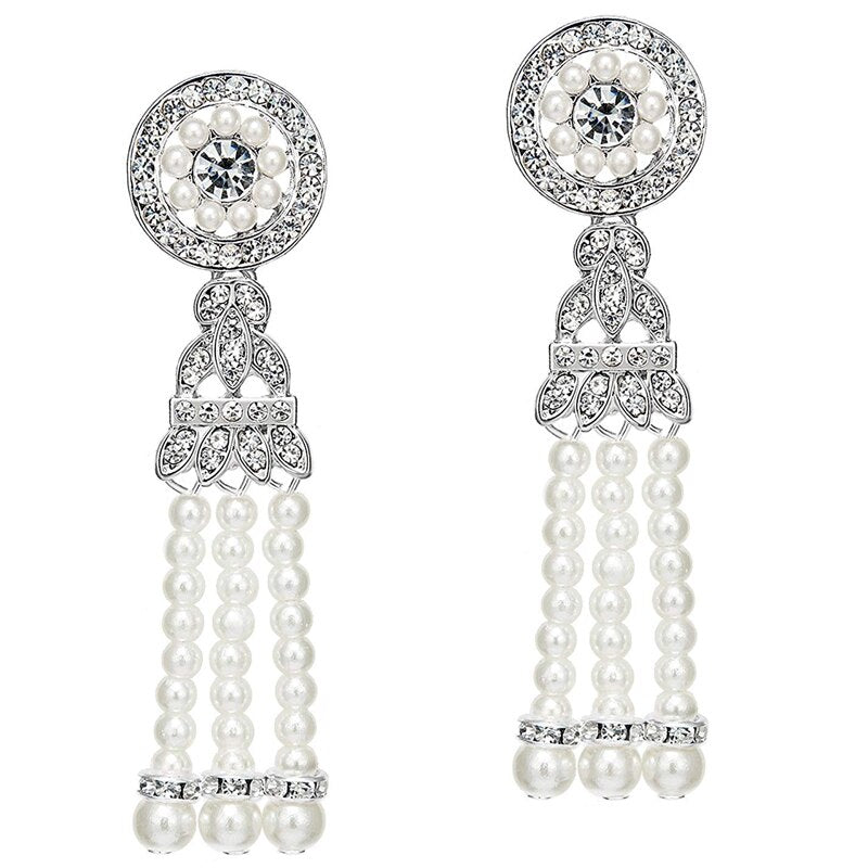 Great Gatsby 1920's Crystal Rhinestone and Pearl Drop Earrings - Silver (Style 4)