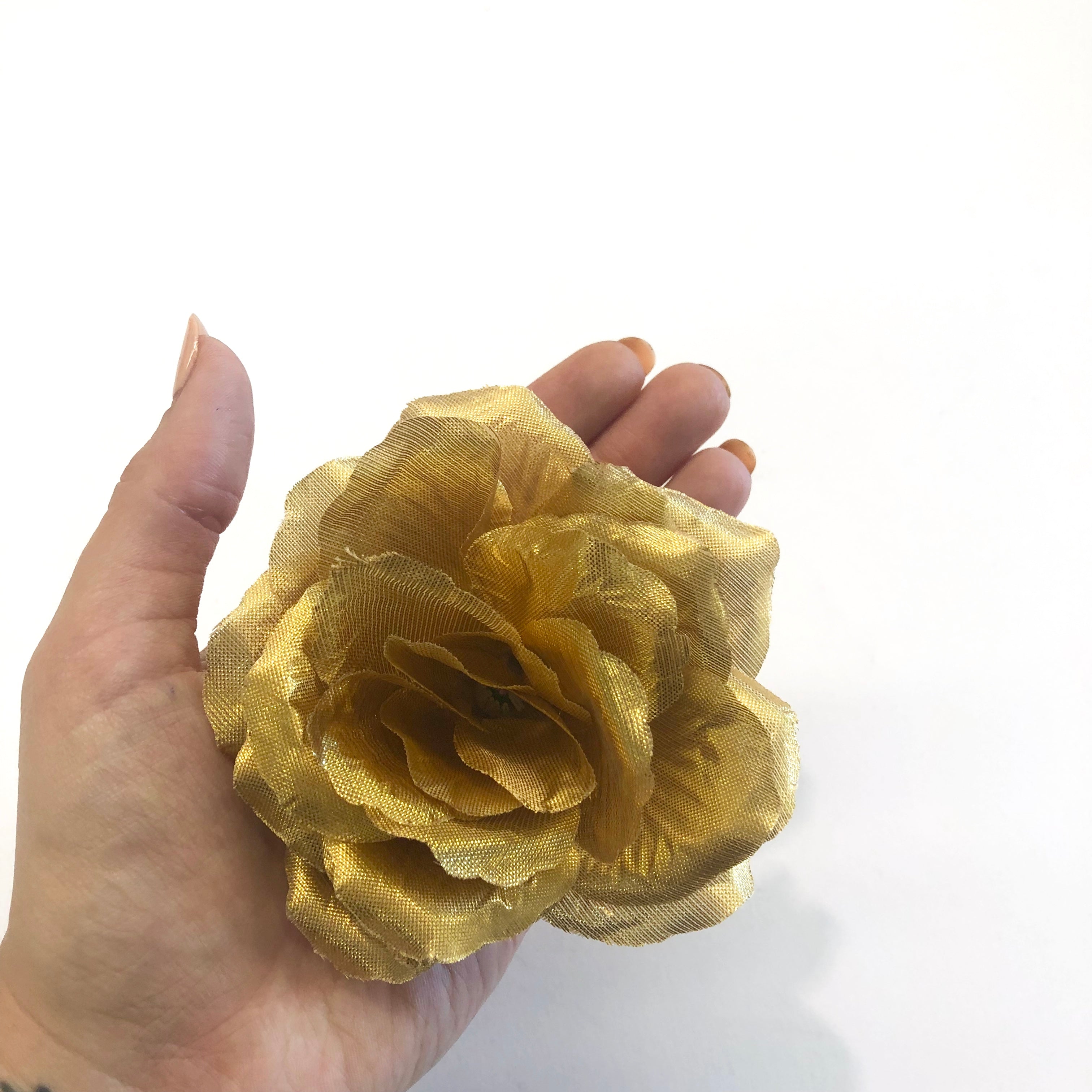 Artificial Silk Flower Head - Gold Metallic Rose Style 77 - 1pc