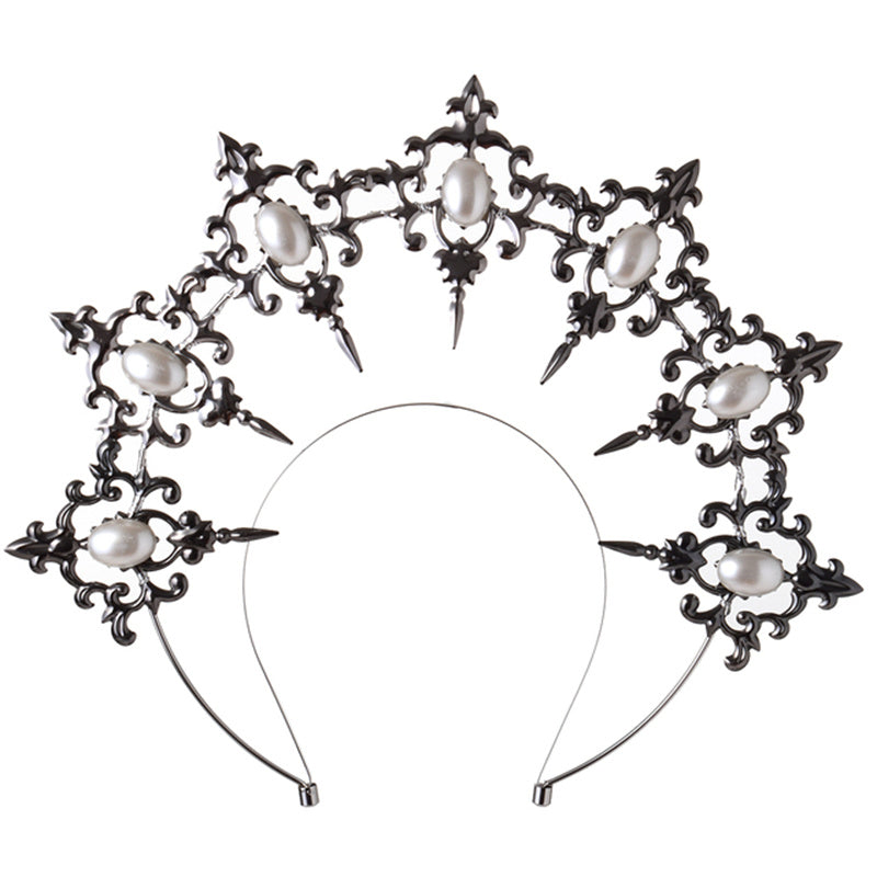 Gothic Goddess Spiked Halo Crown Festival Headdress Headband - Gunmetal Grey with White Pearl