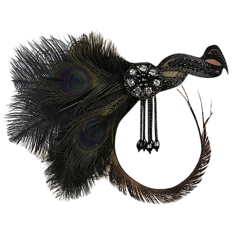 Great Gatsby 1920's Flapper Feather Headdress Fancy Dress - Black Peacock (Style 9)